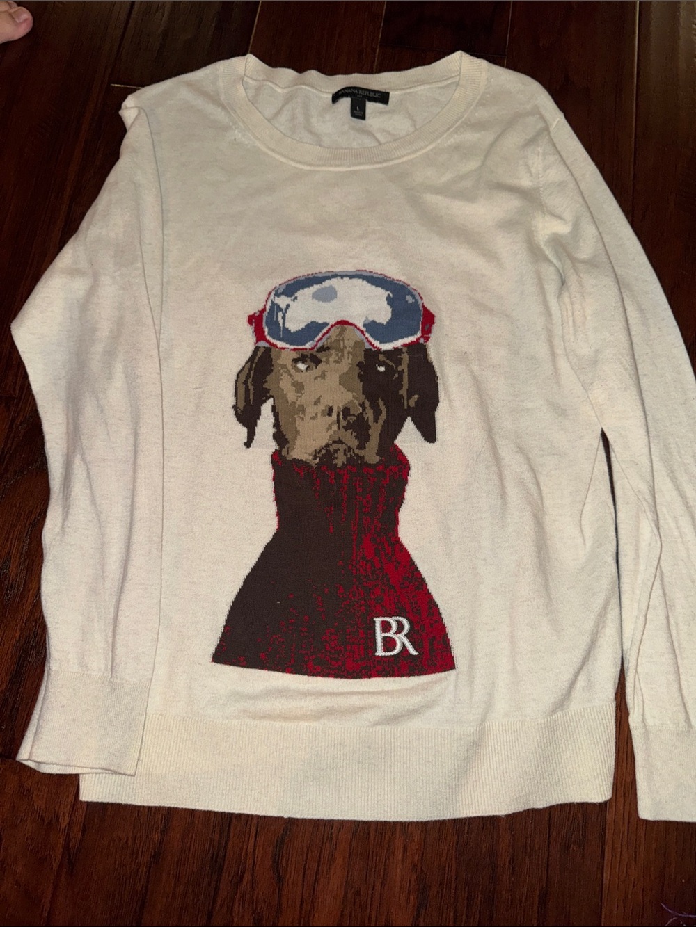 Banana Republic Cream Pullover with Dog Graphic and Red Accents